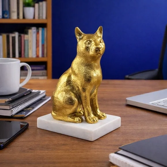 Vintage 6" Gold Textured Cat Figurine Statue on White Marble Base Bookend Decor - Picture 1 of 16